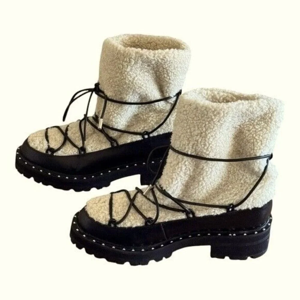 AQUA Fuzz Women’s Leather Lug Sole Sherpa Lace Up Winter Boot Black Size 6.5